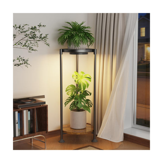 iDavosic.ly 2 Tier Corner Metal Plant Stand Indoor with Grow Light, Black | Vertical Outdoor Flower Display Holder for