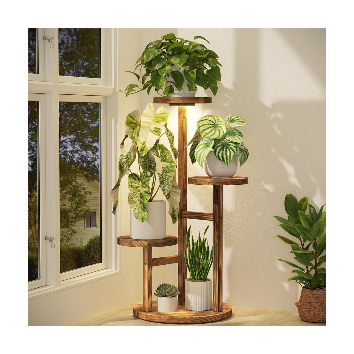 iDavosic.ly 3 Tier Wood Plant Stand Indoor Corner with Grow Light, Brown | Sturdy Tiered Orchid Display Rack, Multiple