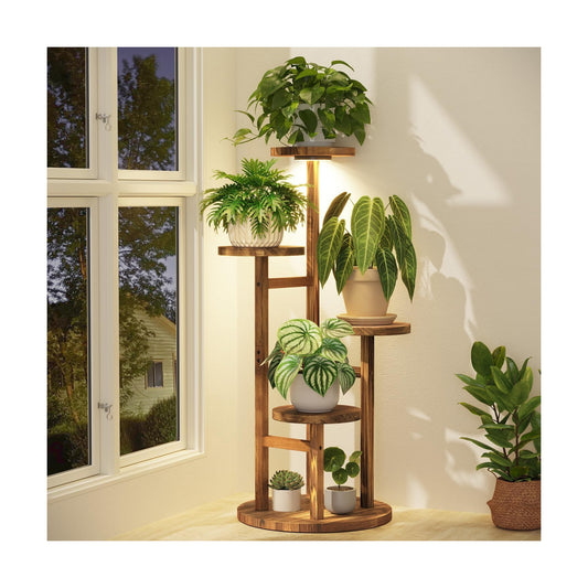 iDavosic.ly 4 Tier Wood Plant Stand Indoor Corner with Grow Light, Brown | Sturdy Tiered Orchid Display Rack, Multiple