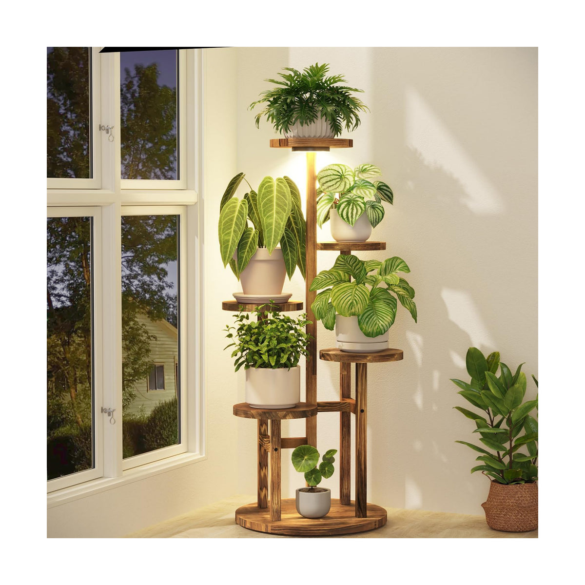 iDavosic.ly 5 Tier Wood Plant Stand Indoor Corner with Grow Light, Brown | Sturdy Tiered Orchid Display Rack, Multiple