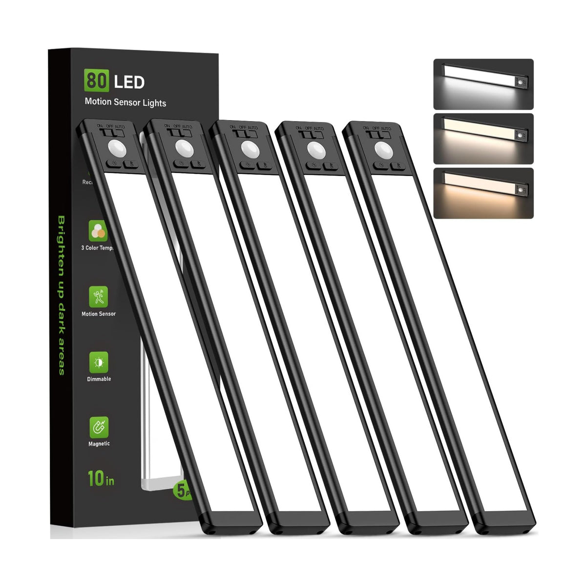 MCGOR 10inch Under Cabinet Lighting, Wireless Motion Sensor Light, 5 Pack | 3 Color Temps, Rechargeable, 1800mAh