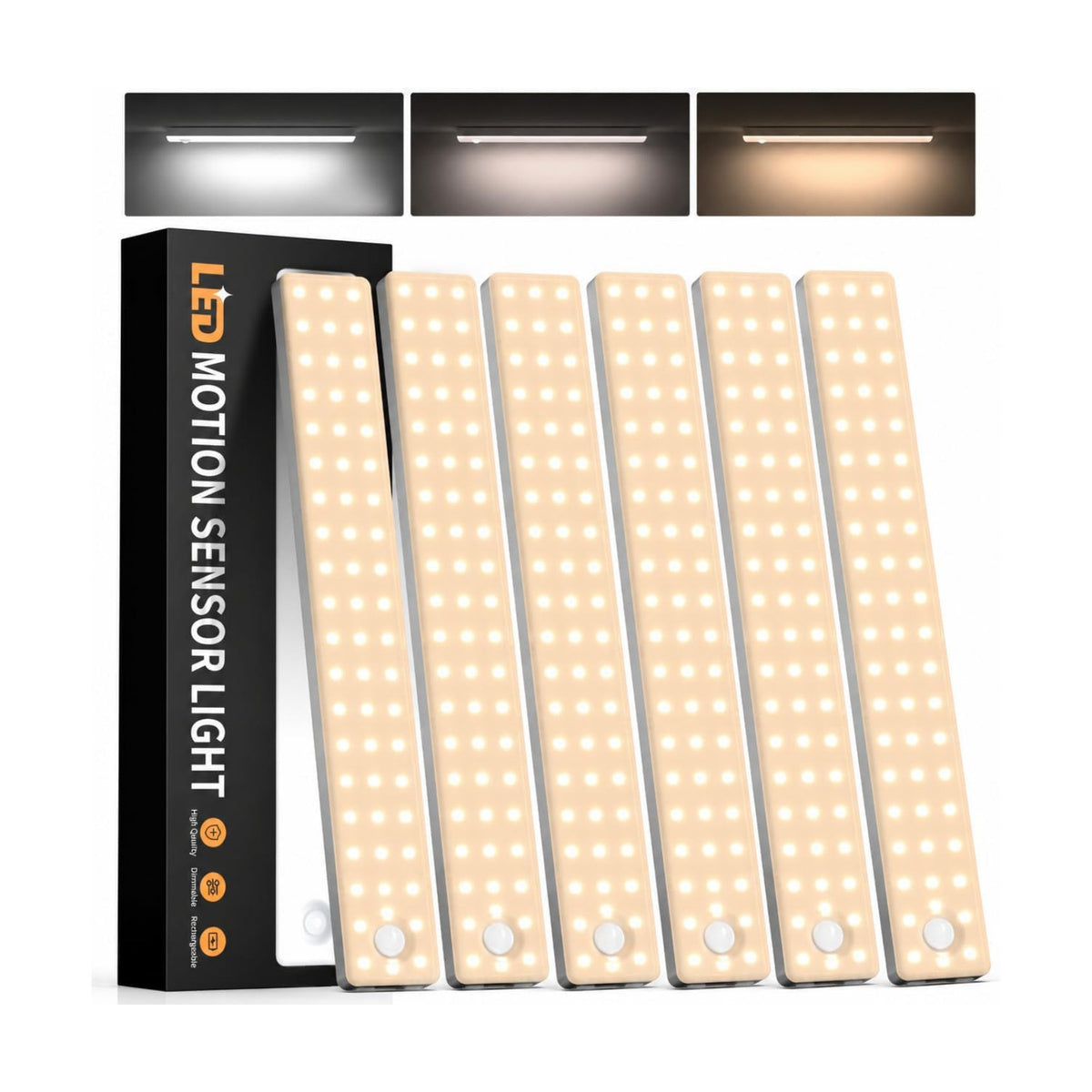 6 Pack 13inch Under Cabinet Lighting, 3 Color Temperatures Motion Sensor Light Indoor, USB Rechargeable Battery
