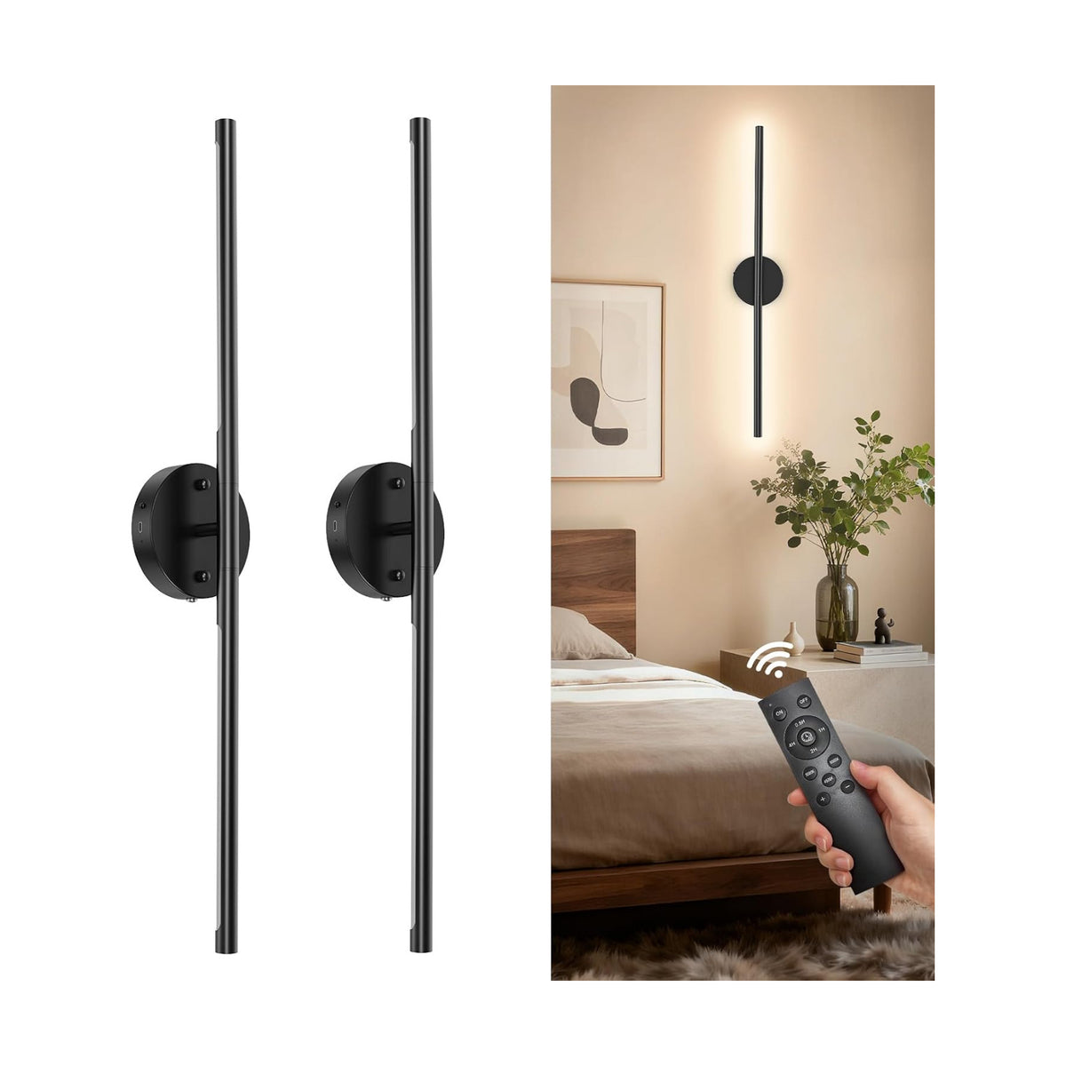TONYFUL Battery Operated Wall Sconce Set of 2, Wall Light for Home, Black | Rechargeable, 6000mAh Dimmable Bulbs