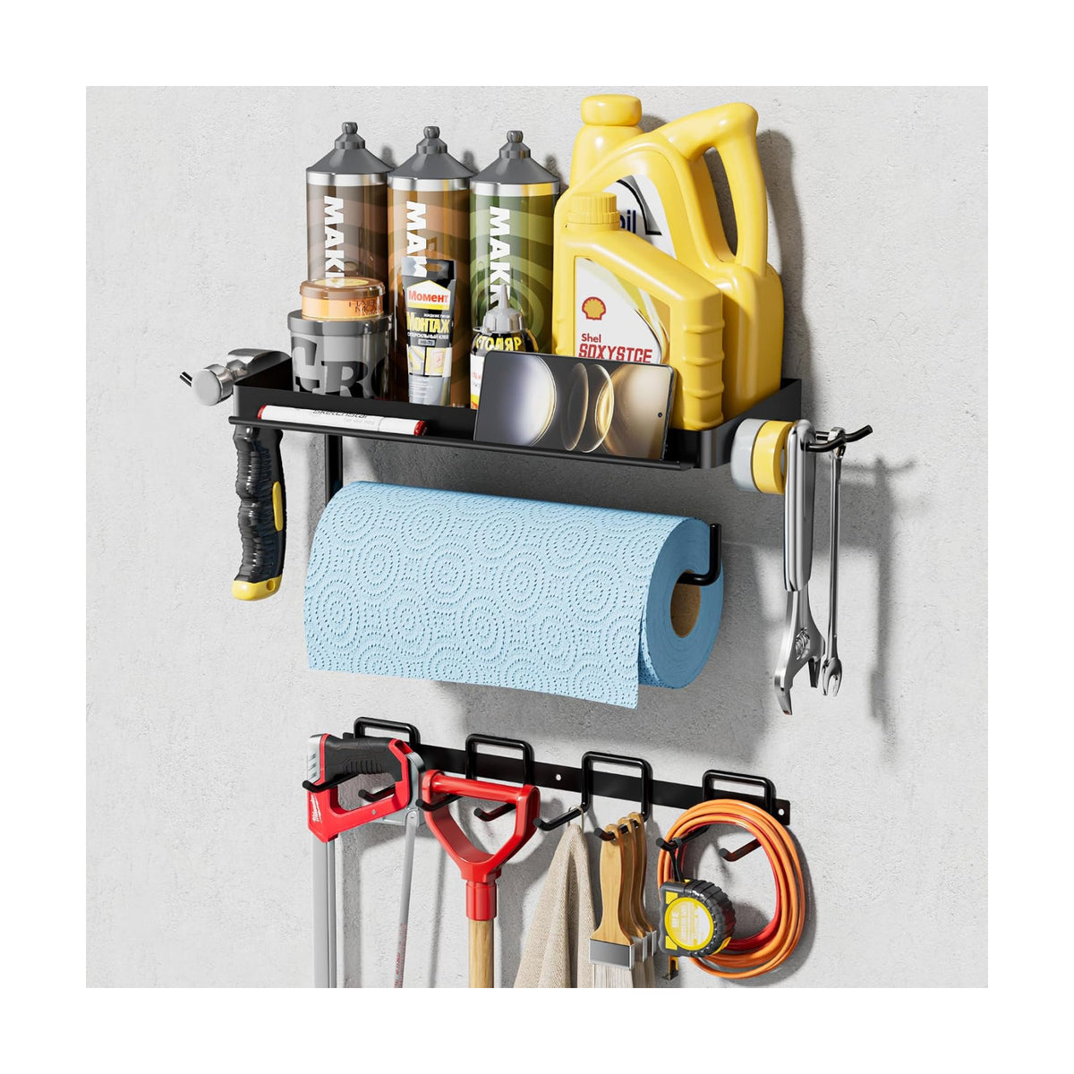 SUNTECH Garage Paper Towel Holder with Tool Hanger Wall Mount, Black | Solid Iron, Rust-resistant Finish, Fits Jumbo