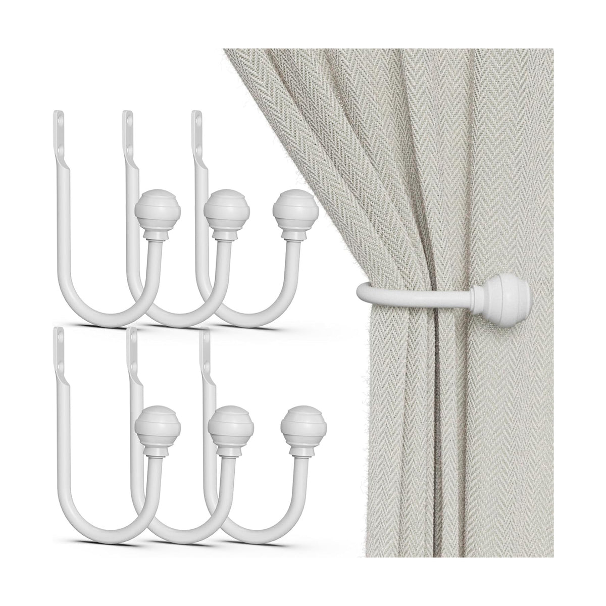 Hion Curtain Holdbacks White 6pcs, Curtain Tiebacks Wall Mounted Hooks | Curtain Holders for Drapes, One-Piece Metal