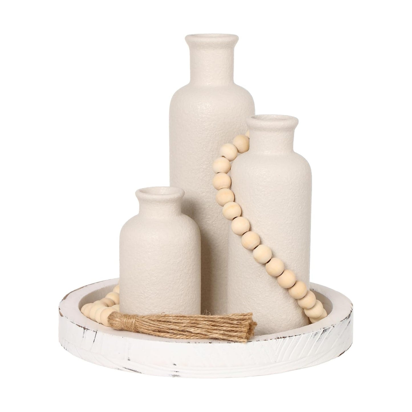 Wooden Serving Tray Wood Bead Garland / Cement Style White / Set of 5