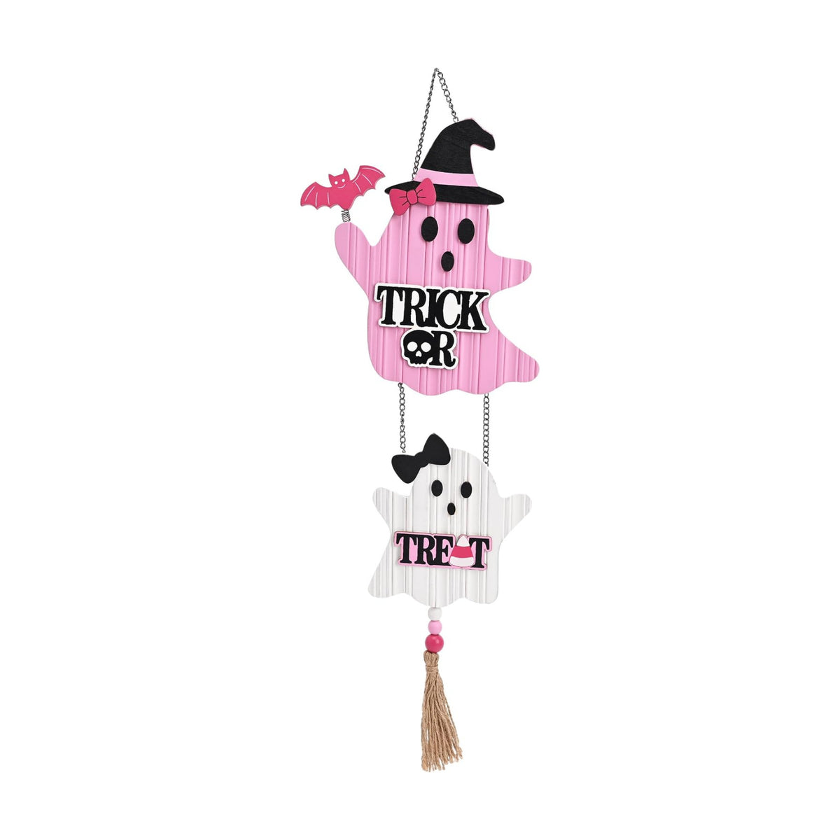 Valery Madelyn Pink Halloween Decor, Cute Halloween Door Wreath Decorations, Ghost with Witch Hat Wooden Hanging Sign for Wall Window Door Handle, 22 inch