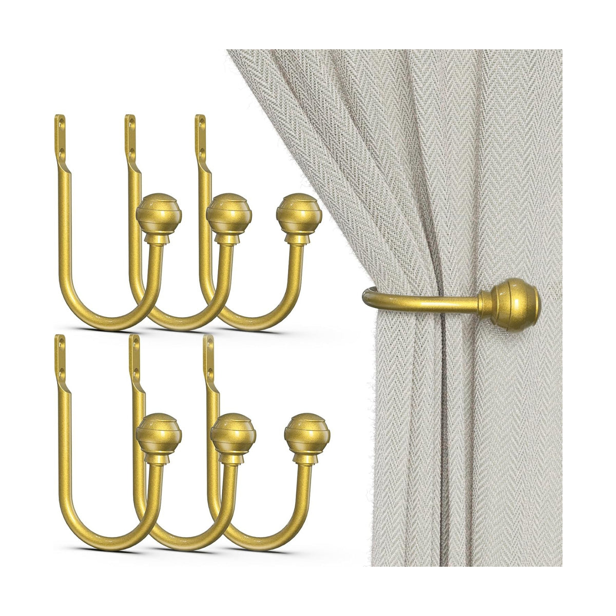 Hion Curtain Holdbacks Gold 6pcs, Curtain Tiebacks Wall Mounted Hooks | Curtain Holders for Drapes, One-Piece Metal