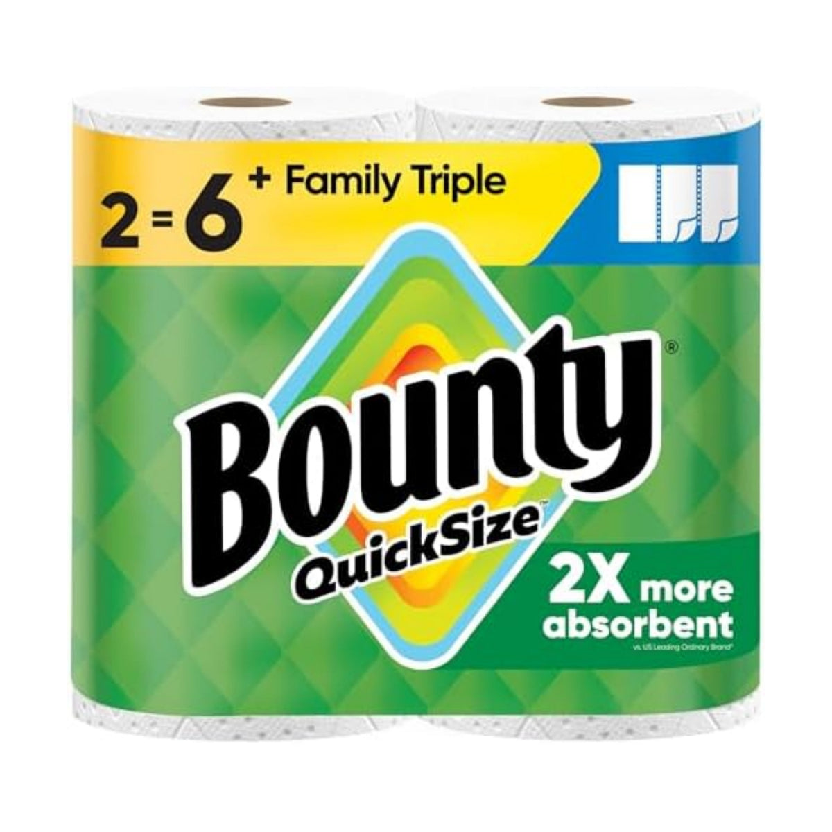 Bounty Paper Towels Quick Size, White, 2 Family Triple Rolls = 6+ Regular Rolls