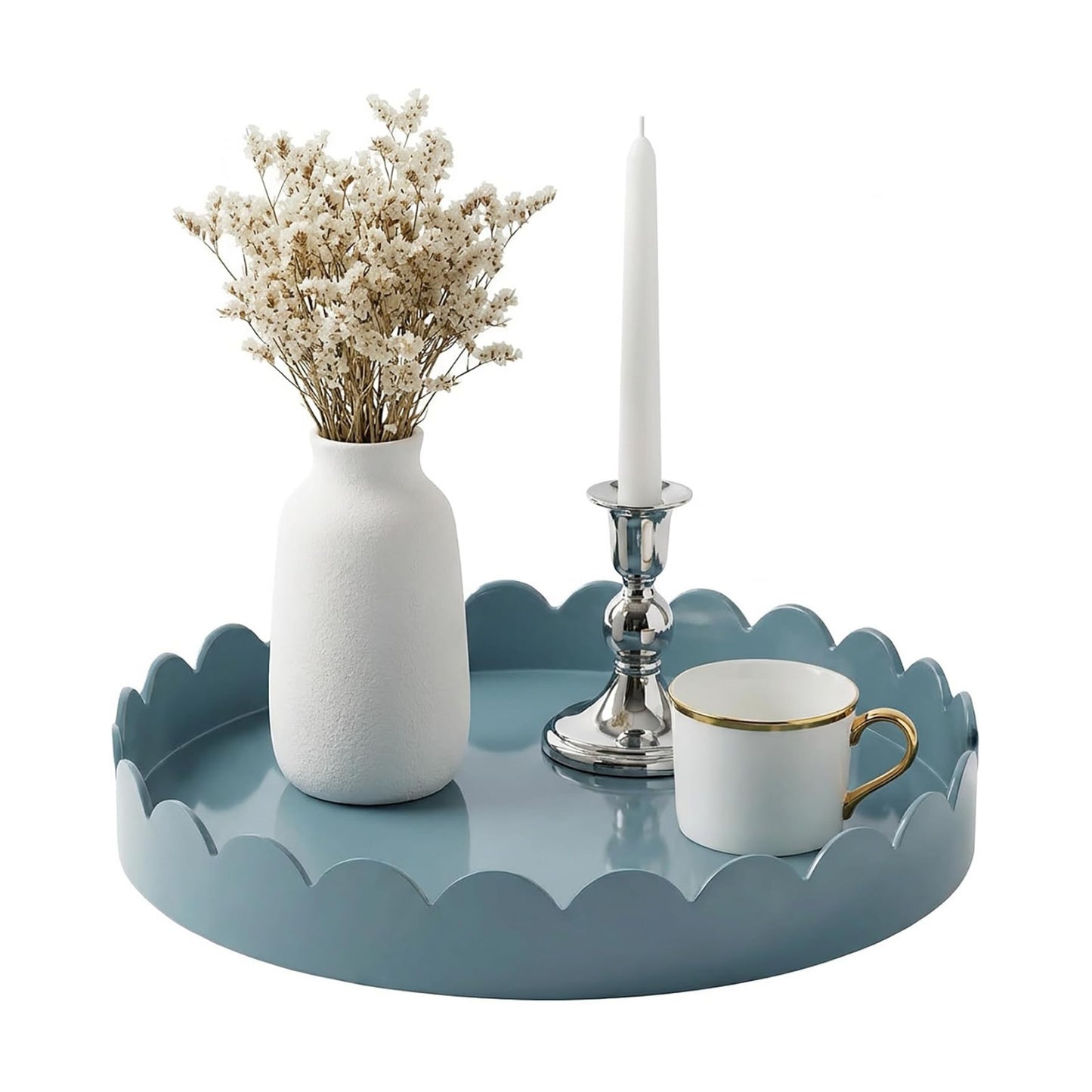 13" Round Scalloped Decorative Tray / Light Blue
