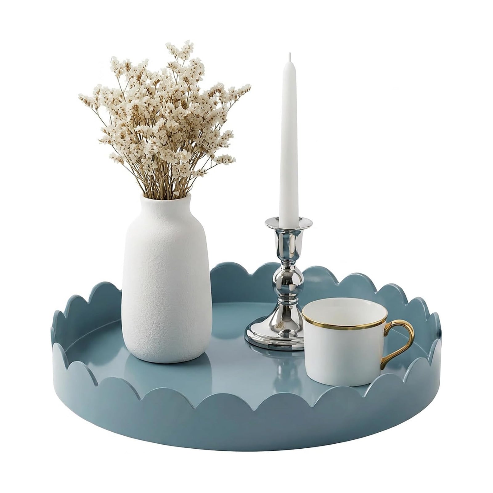 13" Round Scalloped Decorative Tray / Light Blue