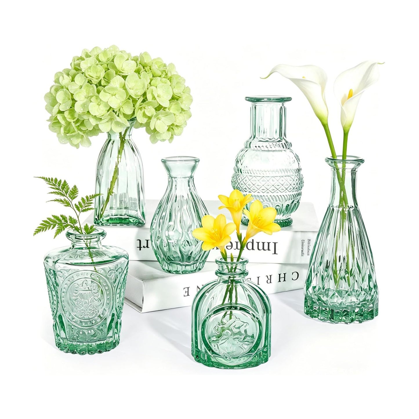 Glass Bud Vase Set / Green / Set of 6