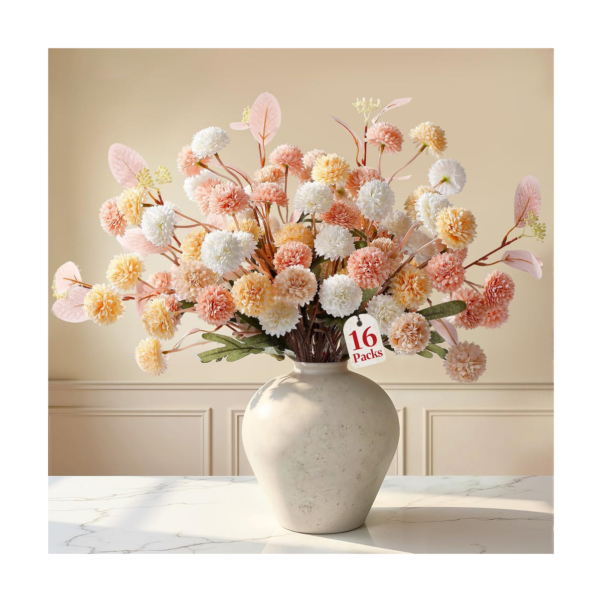 Alupssuc 16 Pcs Faux Silk Mums with Eucalyptus, Fake Chrysanthemum for Vase