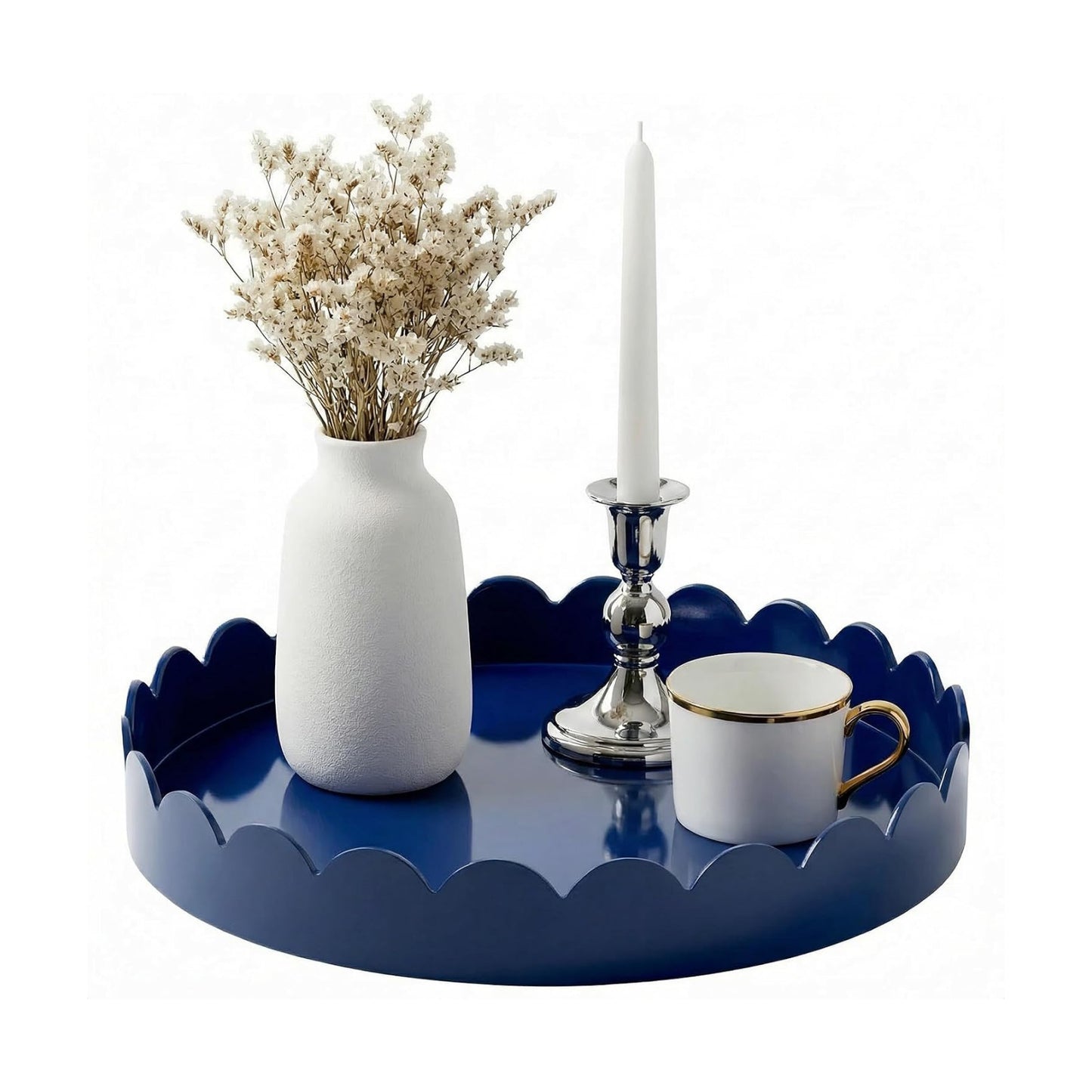 13" Round Scalloped Decorative Tray / Navy Blue
