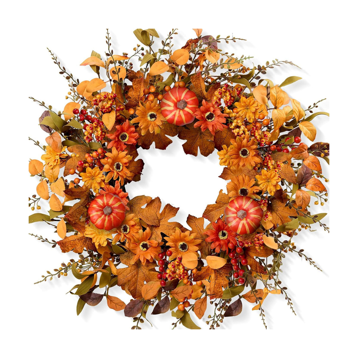 Artificial Fall Wreath 22 Inch Fall Wreaths for Front Door with Orange Pumpkins Berries Daisies Eucalyptus Leaves Autumn Door Wreaths for Thanksgiving Harvest Festival Wall Porch Farmhouse