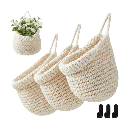 Boho Decor Hanging Wall Baskets / White / Cotton Rope / Barrel / Set of 3