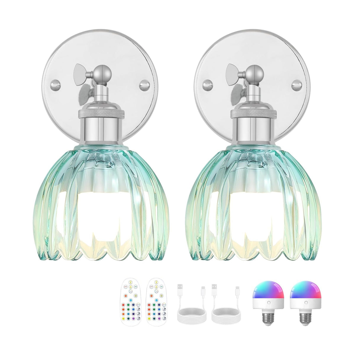 Vintage Battery Operated Wall Sconce, Sky Blue Tulip Glass Lampshade Wireless Rechargeable Battery Powered LED Wall