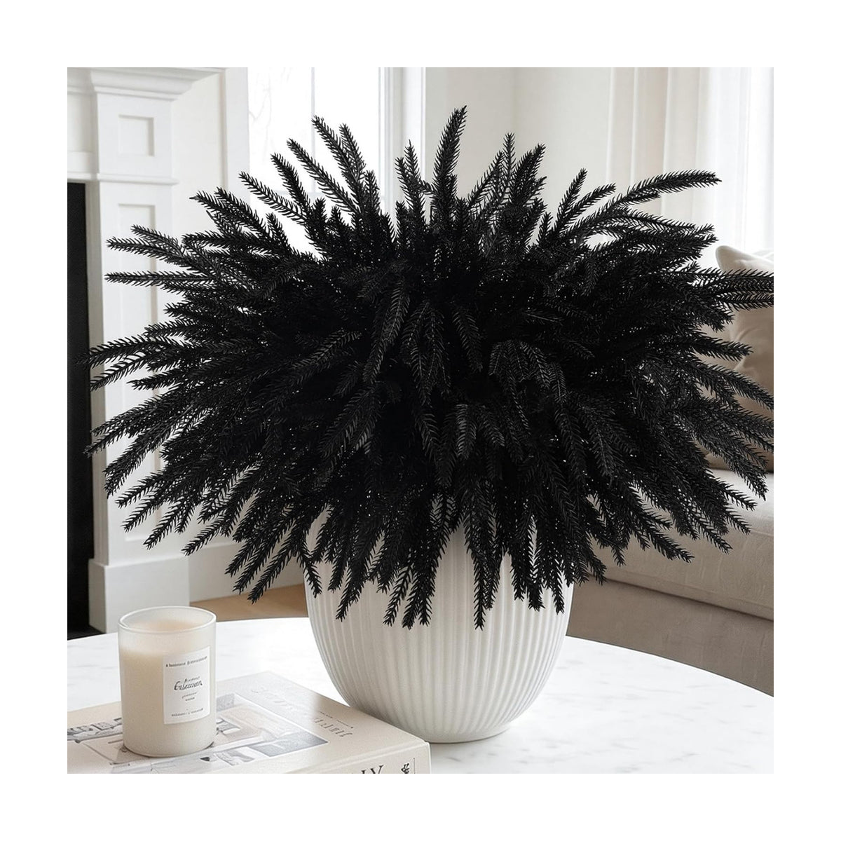 12Pcs Black Norfolk Pine Stems, Real Touch Halloween Christmas Decorations