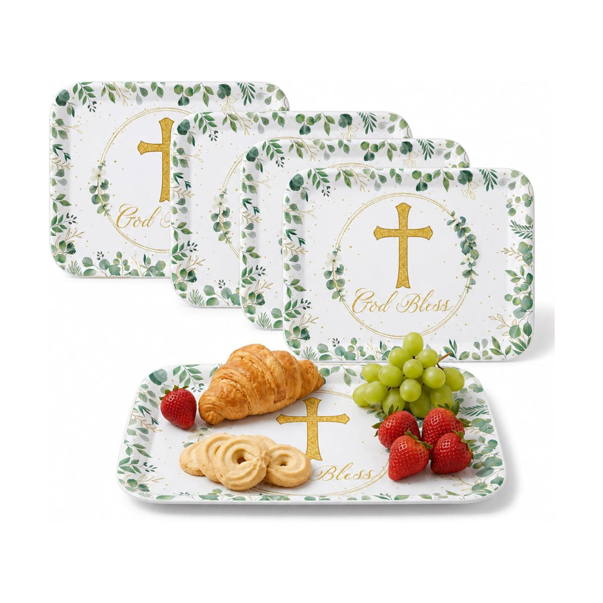 Vesici 4 Pack Eucalyptus God Bless Melamine Serving Trays, 13 x 10 Inch Rectangular Religious Decorative Platters with Gold Cross, Durable Serving Plates for Baptism, First Communion & Church Events