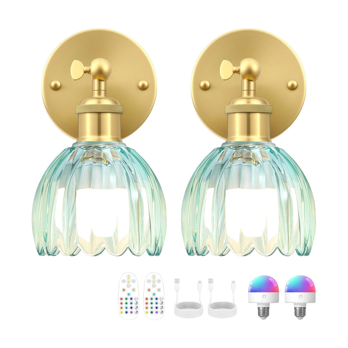 Vintage Battery Operated Wall Sconce, Sky Blue Tulip Glass Lampshade Wireless Rechargeable Battery Powered LED Wall