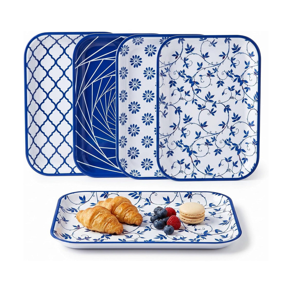 Vesici 4 Pack Blue White Melamine Serving Trays, 13 x 10 Inch Platters