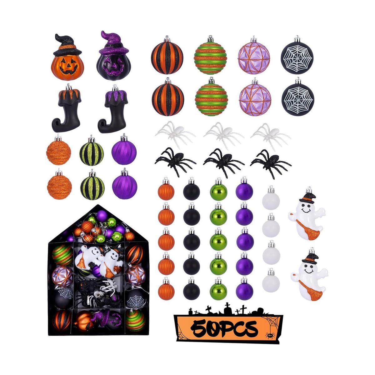 Halloween Ball Ornaments Set, Halloween Tree Decorations, 50 Pack