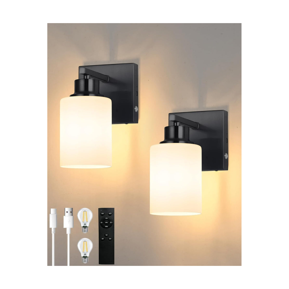 Wireless Battery Operated Wall Sconce Set of Two, Modern White Glass, Black | Dimmable, Easy Install Rechargeable Wall