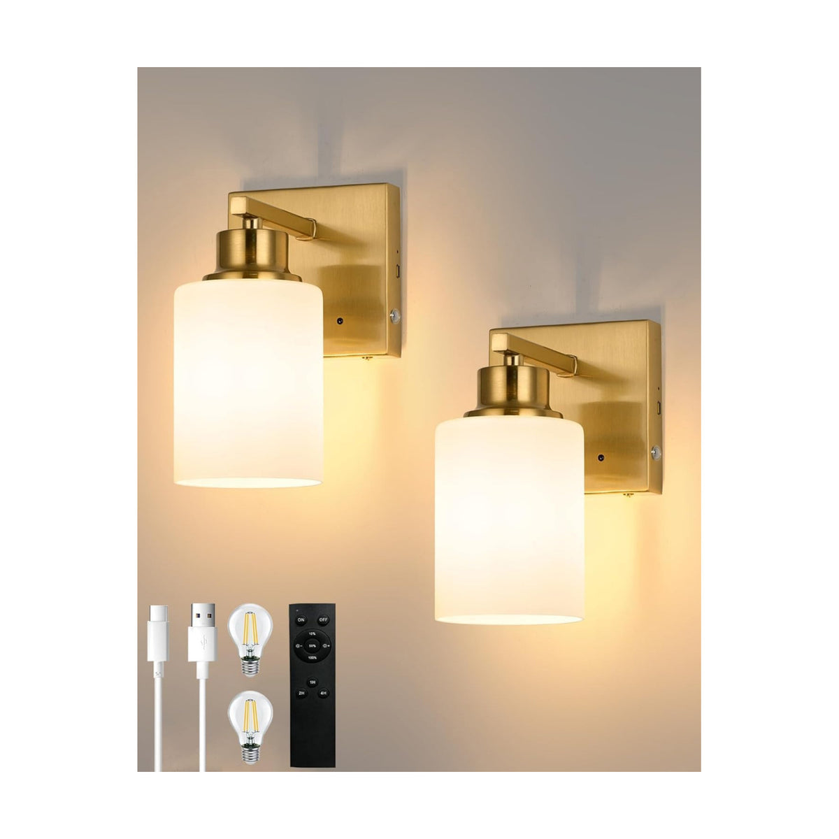 Wireless Battery Operated Wall Sconce Set of Two, Modern, White Glass, Gold | Dimmable, Easy Install Rechargeable Wall