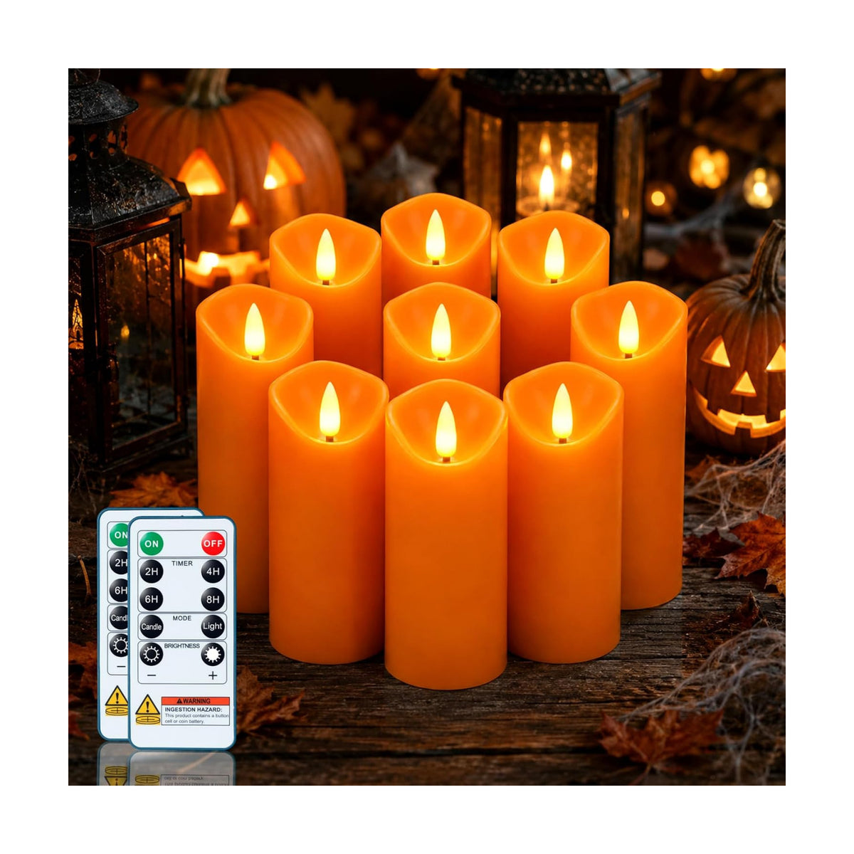 Homemory Orange Halloween Flameless Candles, Remote Timer, 9 Pack | Battery operated LED pillar candles, remote timer
