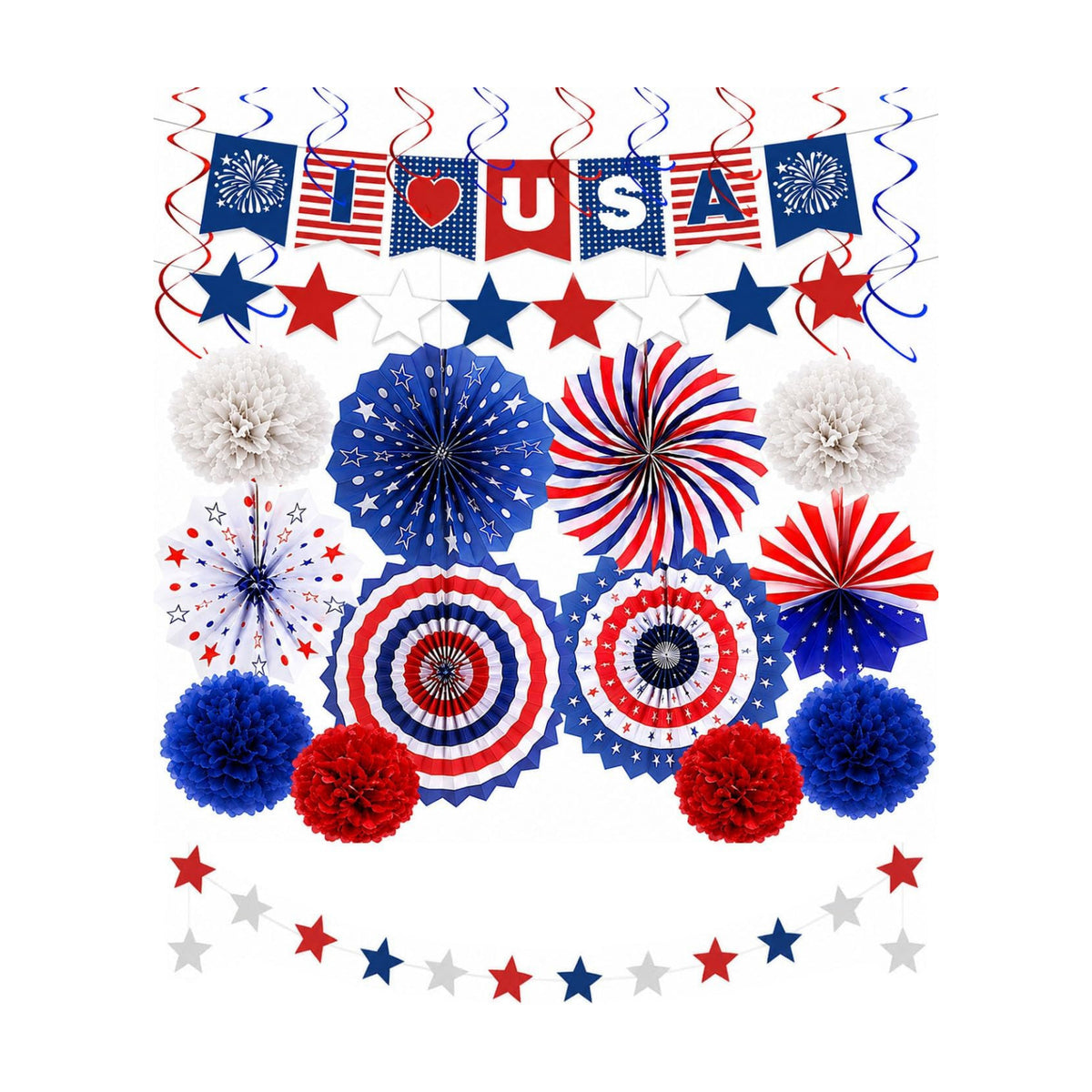 34PCS 4th of July Decorations Patriotic Decorations Love USA Banner Red White Blue Paper Fans, Star Streamer, Pom Poms, Hanging Swirls for Memorial Day Veterans Labor Presidents Flag