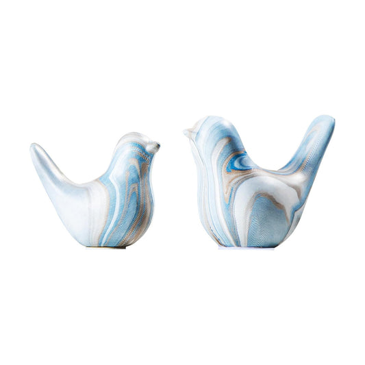 Hand-Painted White Marble Ceramic Bird Statues / Blue / Set of 2
