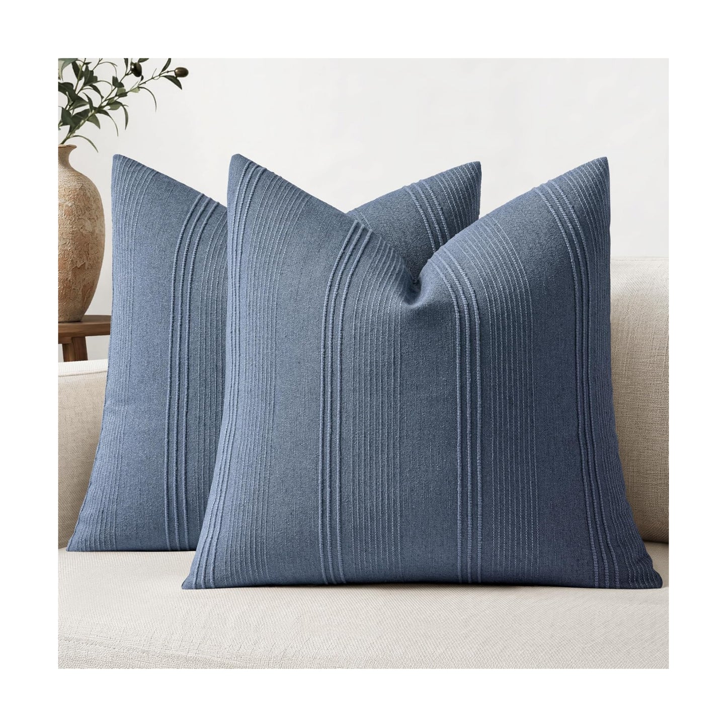 Striped Throw Pillow Covers Decorative Textured Pillow Covers Linen / 18 x 18 / Blue / Set of 2