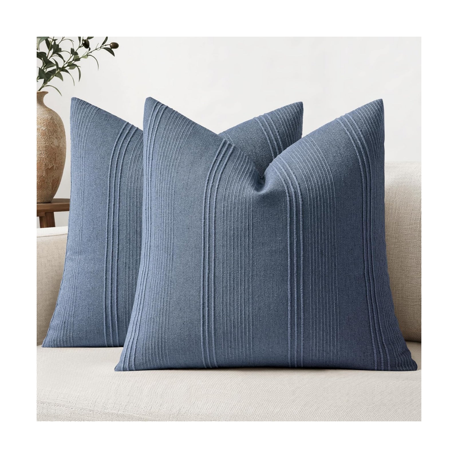Striped Throw Pillow Covers Decorative Textured Pillow Covers Linen / 18 x 18 / Blue / Set of 2