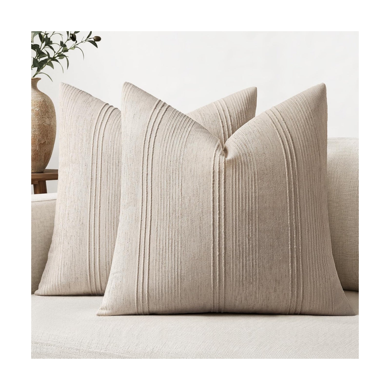 Striped Throw Pillow Covers Decorative Textured Pillow Covers / 18 x 18 / Natural Linen / Set of 2