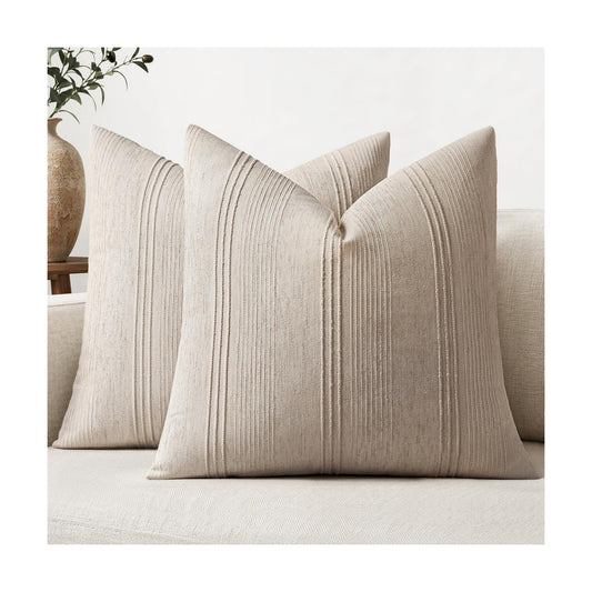 Striped Throw Pillow Covers Decorative Textured Pillow Covers / 18 x 18 / Natural Linen / Set of 2