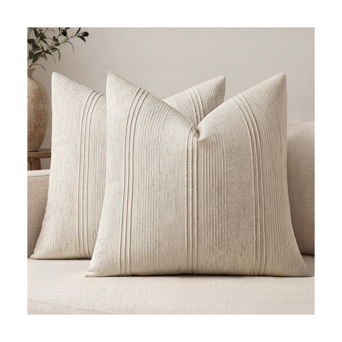Striped Throw Pillow Covers Decorative Textured Pillow Covers Linen / 18 x 18 / Beige / Set of 2