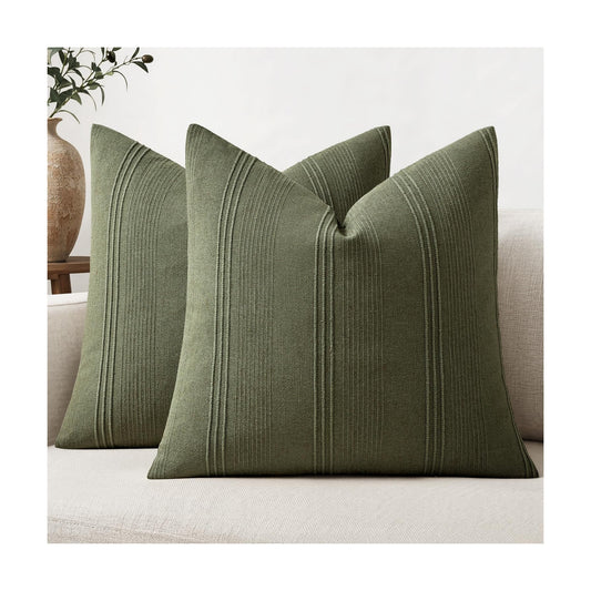 Striped Throw Pillow Covers Decorative Textured Pillow Covers / 18 x 18 / Olive Green / Set of 2