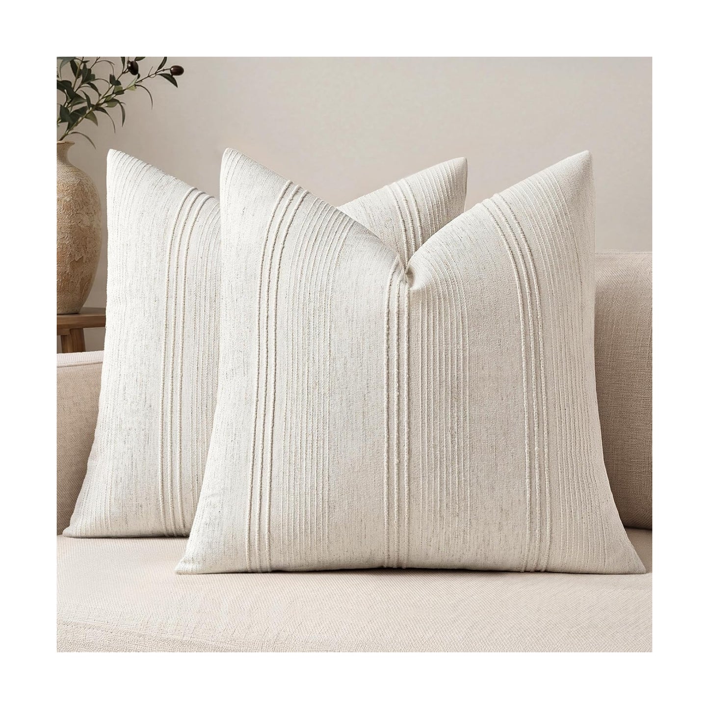 Striped Throw Pillow Covers Decorative Textured Pillow Covers / 18 x 18 / Natural Beige / Set of 2
