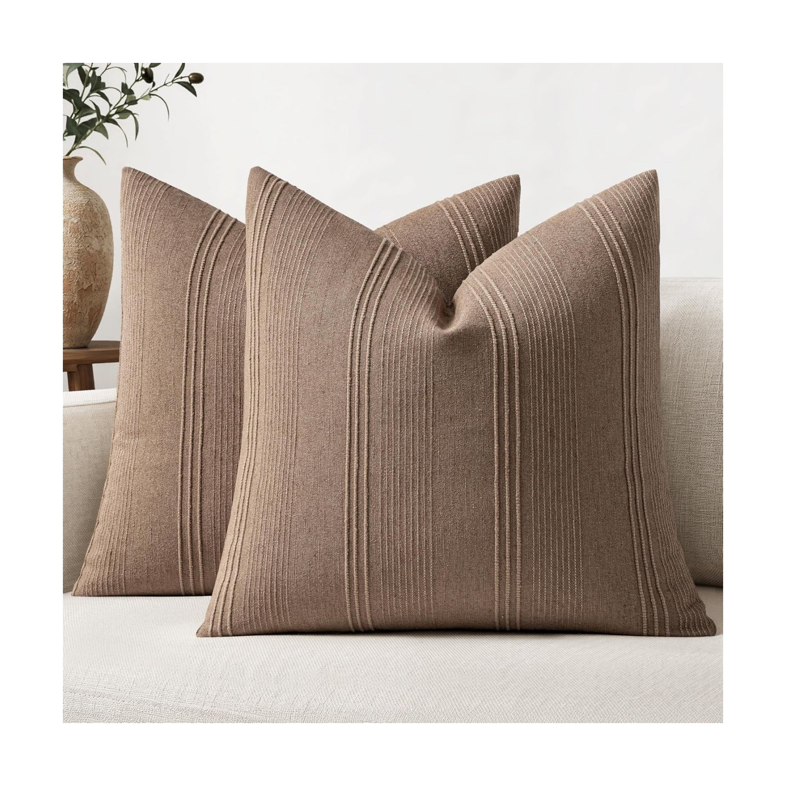 Striped Throw Pillow Covers Decorative Textured Pillow Covers / 18 x 18 / Coco Brown / Set of 2