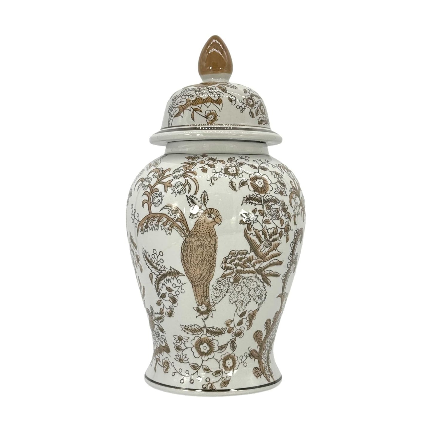 Brown & White Parrot Floral Chinoiserie Ceramic Temple Jar 18" w/Lid / Brown Parrot