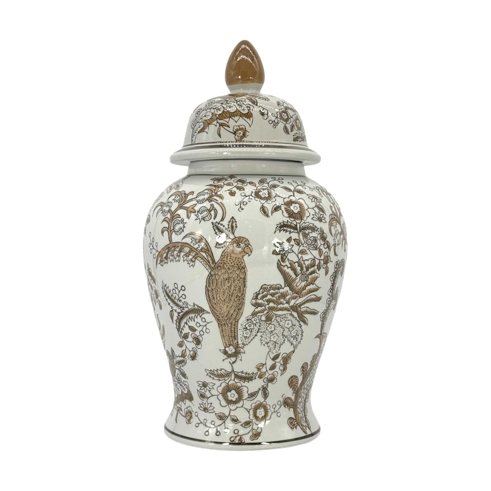 Brown & White Parrot Floral Chinoiserie Ceramic Temple Jar 18" w/Lid / Brown Parrot