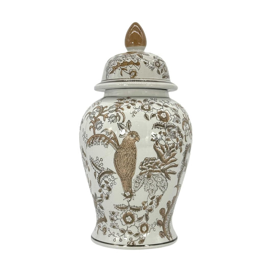 Brown & White Parrot Floral Chinoiserie Ceramic Temple Jar 18" w/Lid / Brown Parrot