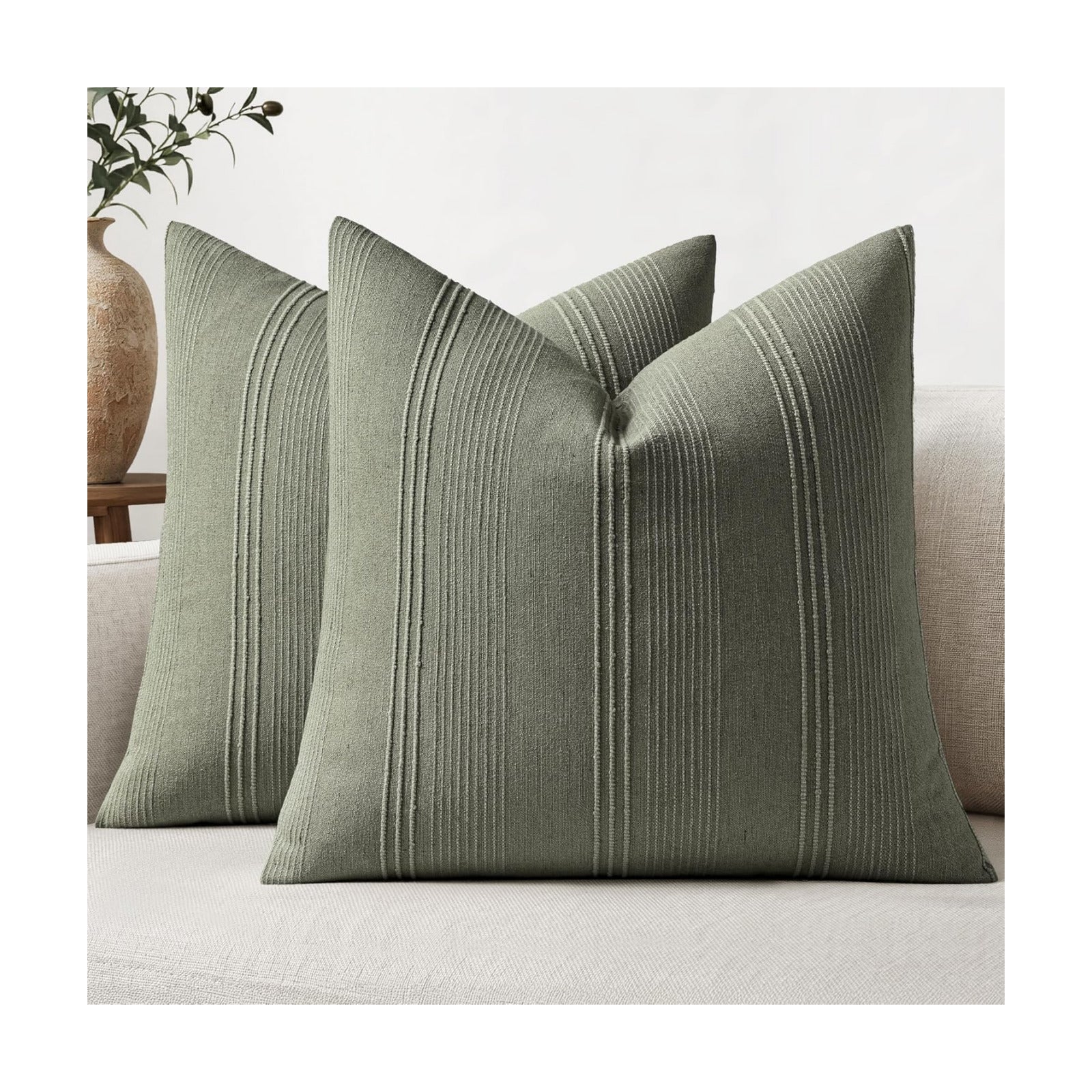 Striped Throw Pillow Covers Decorative Textured Pillow Covers Linen / 18 x 18 / Olive / Set of 2