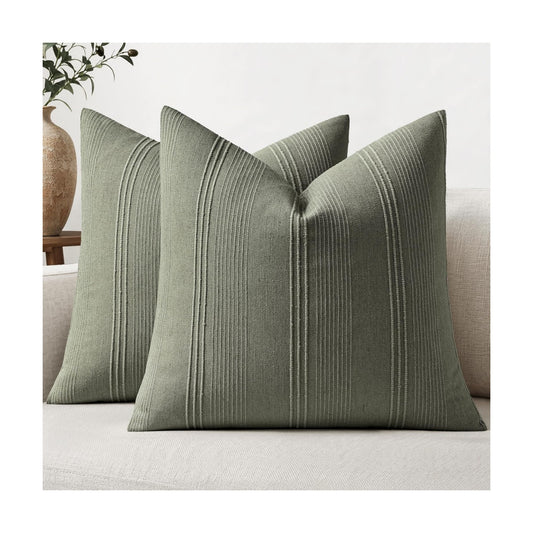 Striped Throw Pillow Covers Decorative Textured Pillow Covers Linen / 18 x 18 / Olive / Set of 2