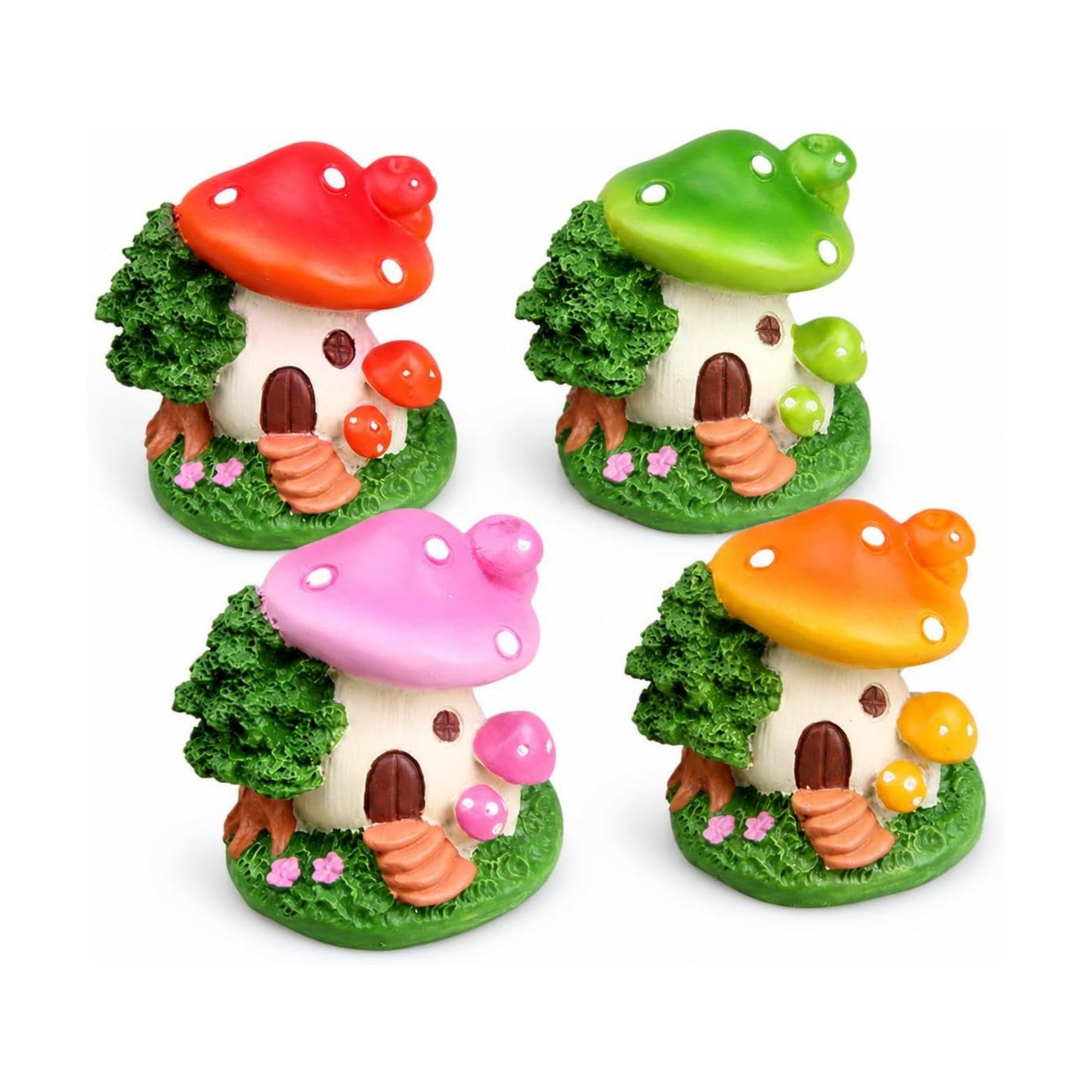 Garden Statues / Mushroom House Outdoor Garden Statues / Set of 4
