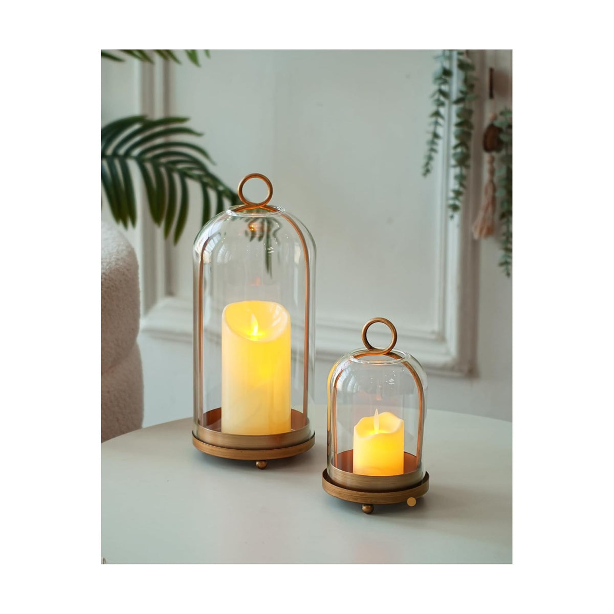 Glass Hurricane Candle Holders for Pillar Candles, Set of 2 (5" & 4" Wide) with Lamp Shape Glass Dome & Brass Base for