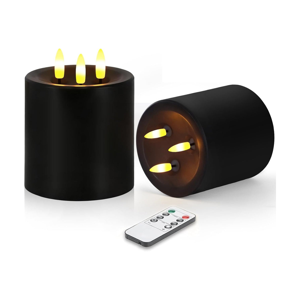 Large 3 Wick Flameless Candles Set of 2, 4"x4" Flickering LED Candles with Remote & Timer, Dimmable Real Wax Electric