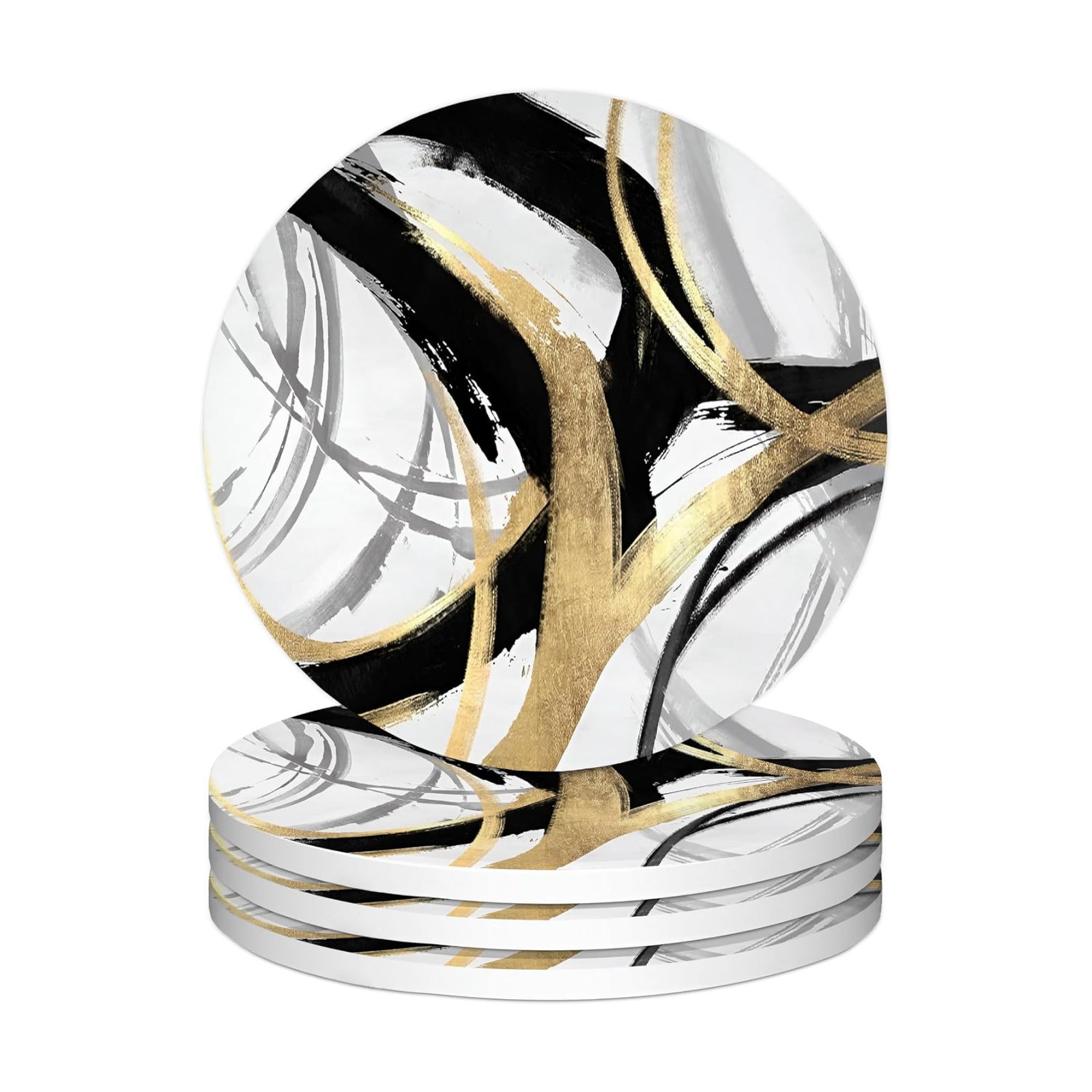 Modern Abstract Geometrical Ceramic Car Drink Coaster Cup Mat / Black and Gold / Set of 4