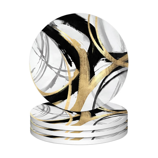 Modern Abstract Geometrical Ceramic Car Drink Coaster Cup Mat / Black and Gold / Set of 4