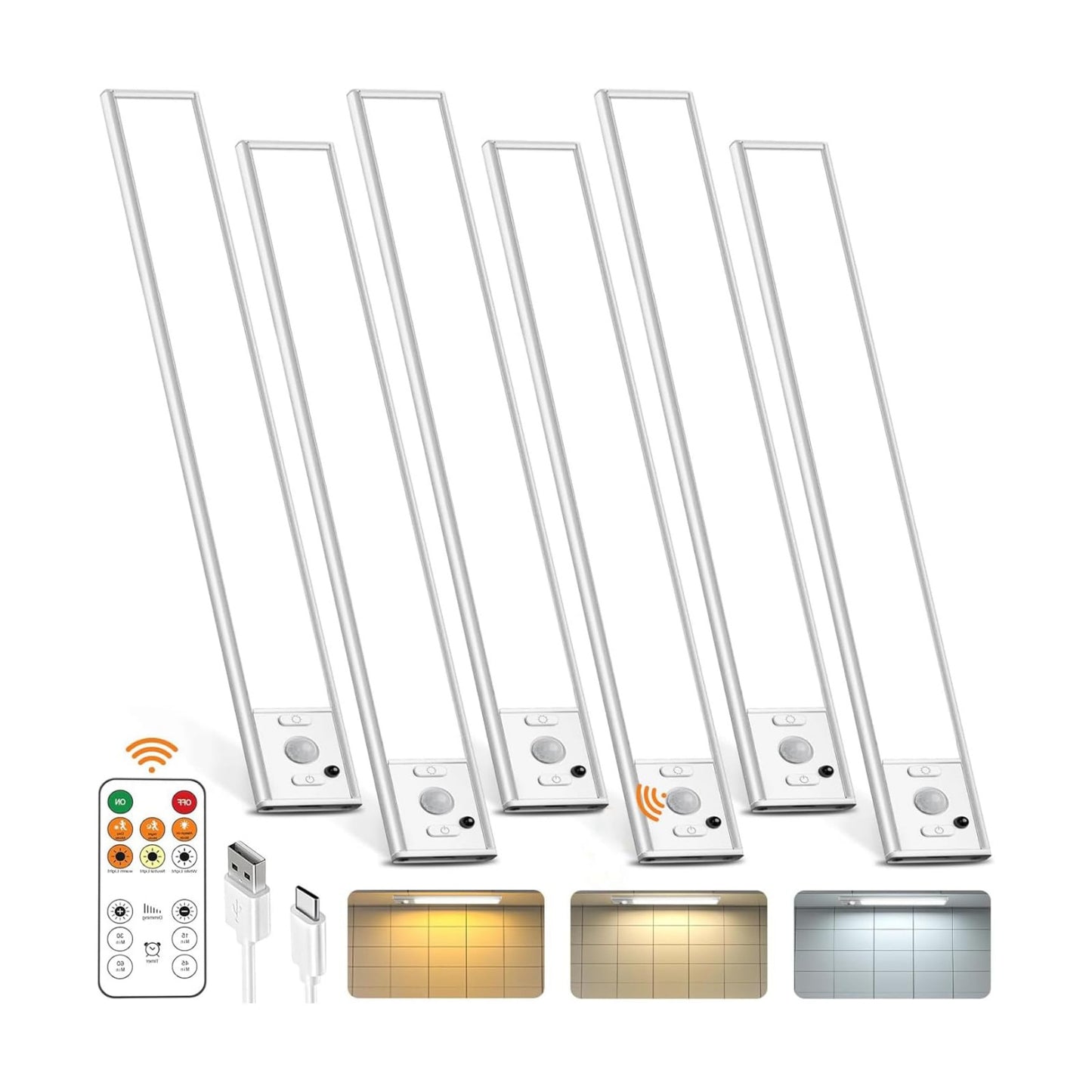 6 Pack Under Cabinet Lighting with Remote, 12inch Rechargeable Motion Sensor Light Indoor, LED Closet Light Wireless
